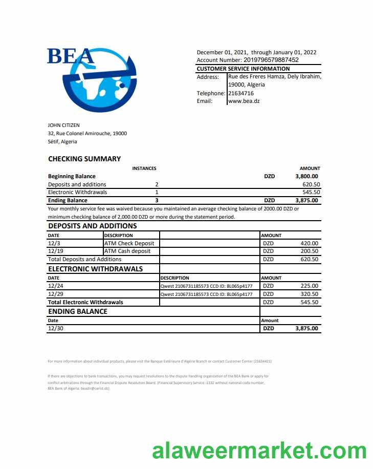 Algeria Banque extérieure d’Algérie bank statement template in Excel and PDF format